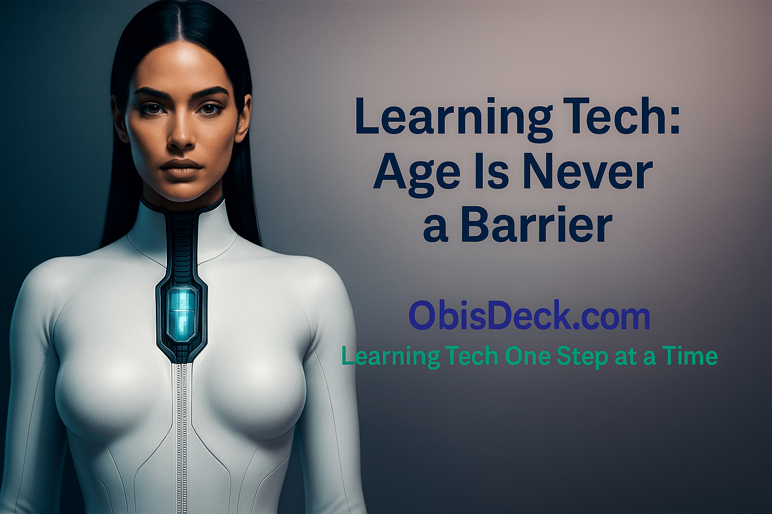 "A futuristic female humanoid with a glowing blue tech core, symbolizing learning and technology at any age, with ObisDeck.com branding and the phrase 'Learning Tech: Age Is Never a Barrier.'"