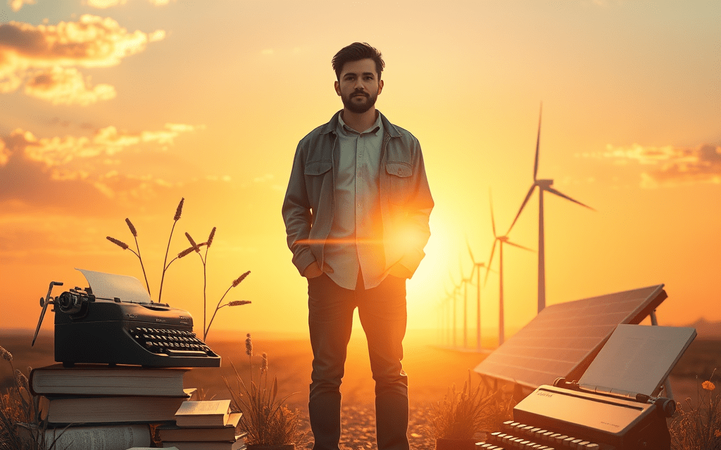 a picture of a man standing between computers and typewriters with sunlight in the horizon