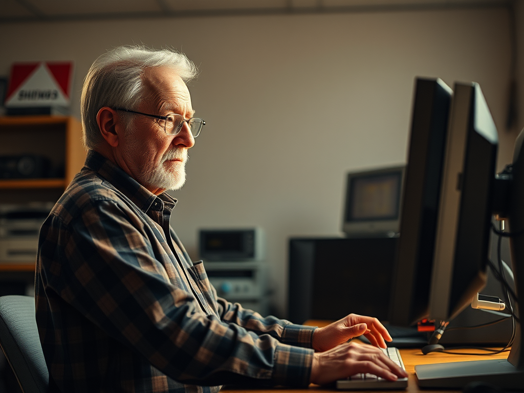 a middle aged man sitting on a desk with a computer