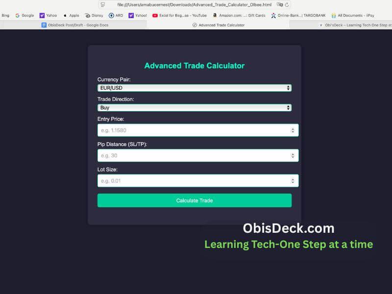 A screenshot of a PiP calculator I built. A very important tool for me in trading