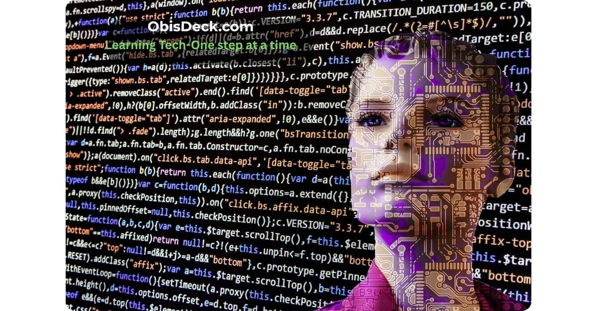 Woman's face overlaid with circuit lines beside HTML code background, with ObisDeck.com text — representing learning technology and coding