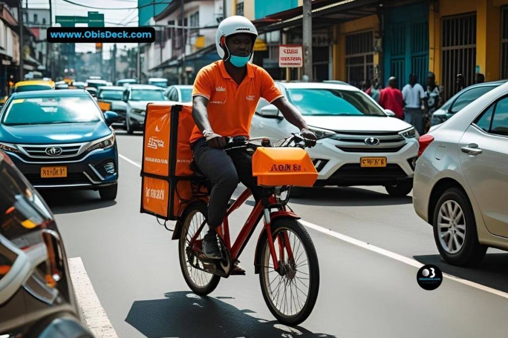 A delivery rider weaving through Lagos traffic 