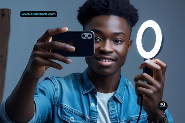 A young Nigerian content creator recording a video with a phone ring light