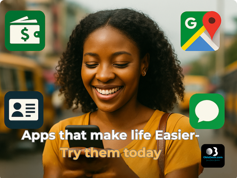 Happy Nigerian woman using her smartphone on a street in Lagos, surrounded by app icons like money transfer,