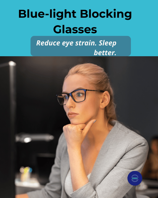 a person wearing blue-light blocking glasses working on a desk, designed to reduce eye strain and improve sleep quality