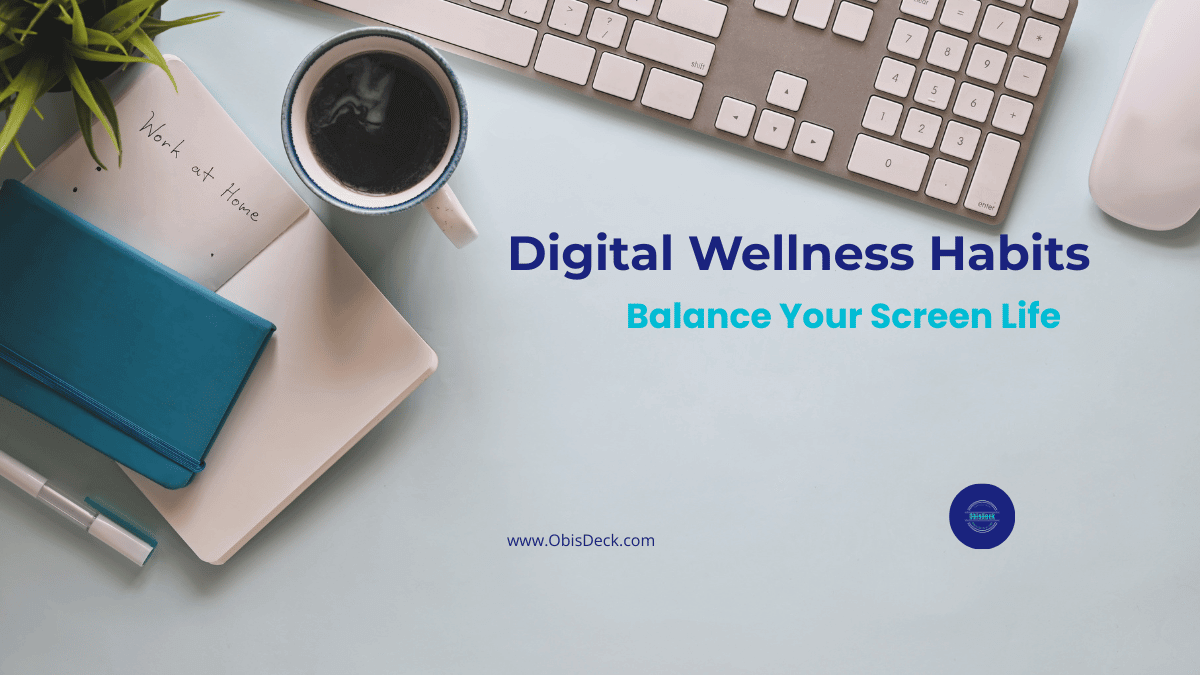 Minimalist desk setup with laptop, coffee mug, and plant, symbolizing balanced digital wellness habits for healthier screen time.