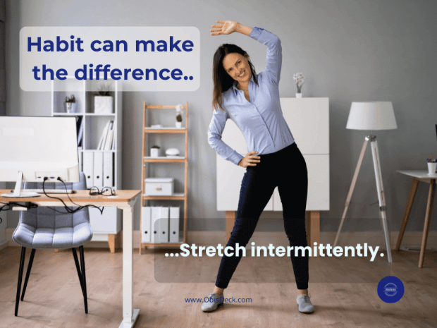 Professional stretching arms beside laptop to reduce digital eye strain during screen breaks