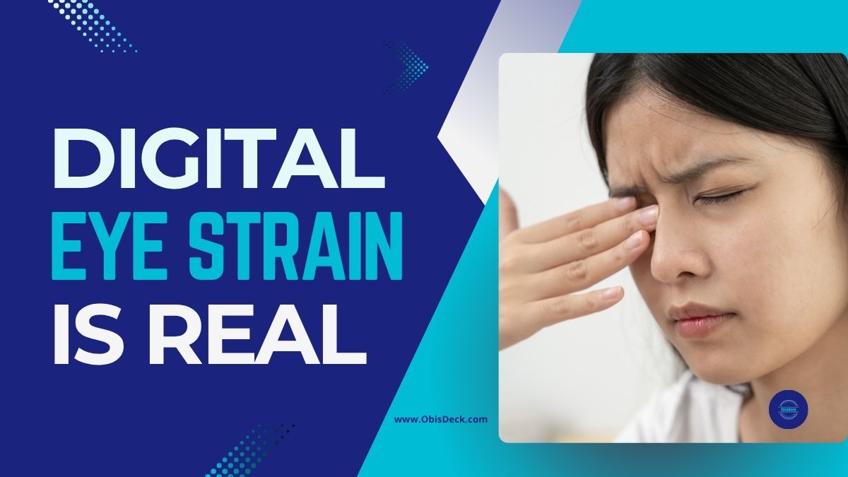 The image shows that tired eyes after screen time can be caused by Blue Light