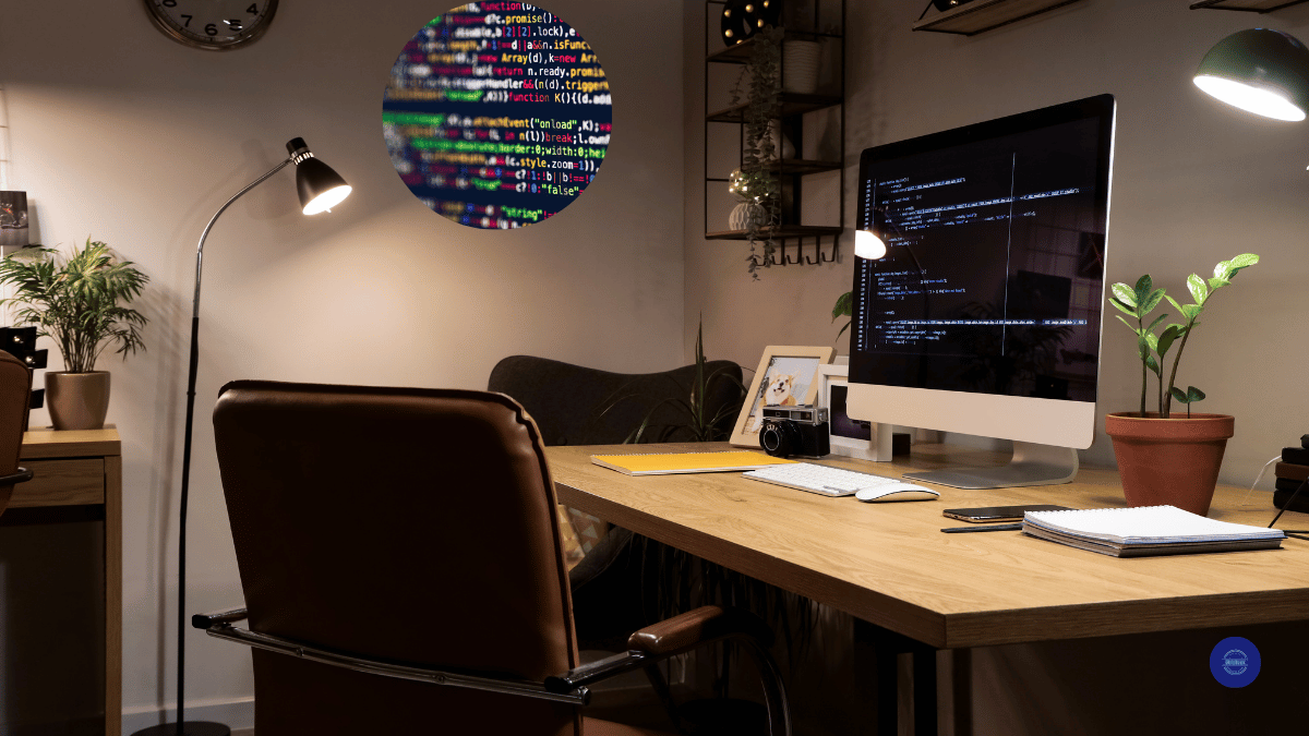 A home workspace with a computer displaying JavaScript code on the screen, representing a developer paused while debugging or learning.