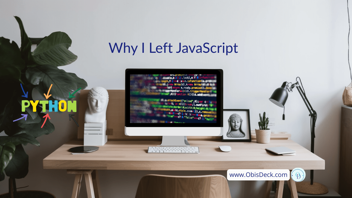 A clean desk workspace with a computer displaying colorful code, representing a learning environment, with the word Python highlighted as a focus of programming study.