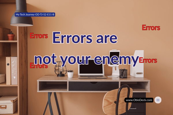 A workspace with a desk and Pc and red error texts on the background showing how it does not disturb the workspace