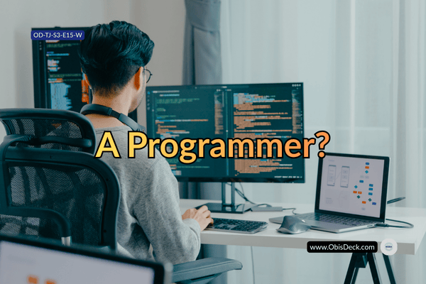An image of a programmer sitting at a workspace with a seemingly unsure fingers unsure of being described as a programmer or a system builder