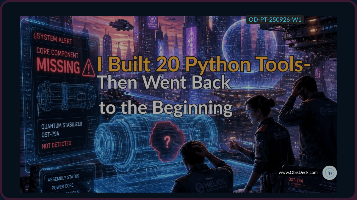 Futuristic engineering team examining a missing core component, illustrating why I returned to Python fundamentals after building 20 tools.